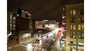 The corner of Dubuque and Burlington streets at night on Friday, Oct. 6, 2017. (David Harmantas/The Daily Iowan)