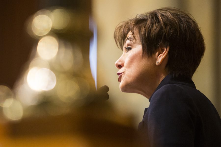 Iowa Gov. Kim Reynolds speaks during her first Condition of the State address in the Iowa State Capitol in Des Moines on Tuesday, Jan. 9, 2018. 
