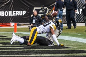 Purdue wide receiver Isaac Zico scores a touchdown during the Iowa/Purdue game at Ross-Ade Stadium in West Lafayette, Ind. on Saturday, November 3, 2018. The Boilermakers defeated the Hawkeyes 38-36. 