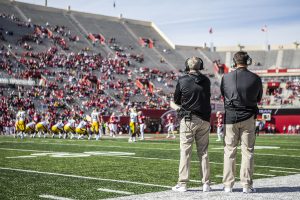 Iowa head coach Kirk Ferentz and offensive coordinator Brian Ferentz watch the game during Iowa's game at Indiana at Memorial Stadium in Bloomington on Saturday, Oct. 13, 2018. 
