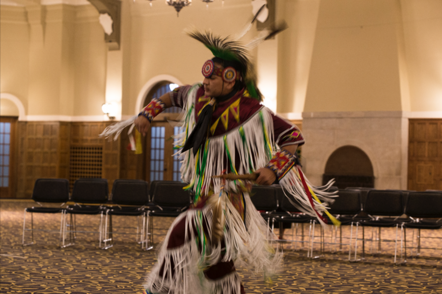 A traditional Grass Dance during  American Indian Dance Theater performance in the Main Ballroom of the IMU on Wednesday, Nov. 28. This event was hosted by the Native American Student Association.
