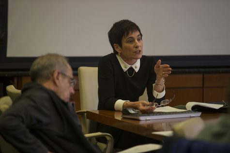 Administrative Liason for the Office of the President Joni Troester addresses the council during the Faculty Council meeting in the University Capitol Centre on March 12, 2019. (Katie Goodale/The Daily Iowan)