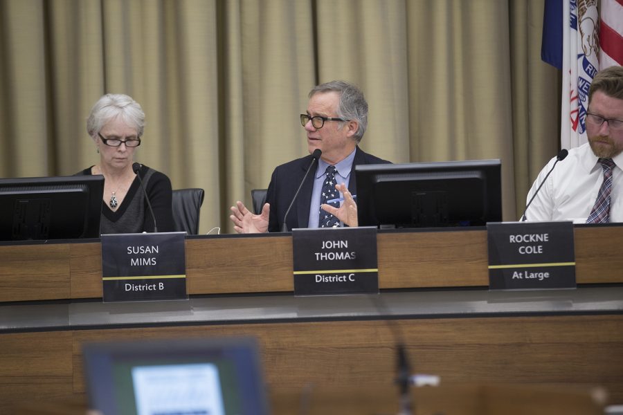 City Councilor John Thomas addresses complaints regarding the new benches for the Pedestrian Mall at City Hall in Iowa City on Tuesday, Jan. 22, 2019. Some community members feel that the new benches are hostile to the homeless. 