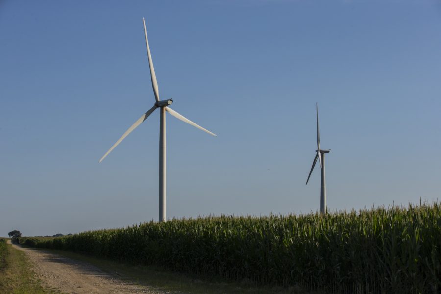 Windmills are seen in Mechanicsville, IA on Wednesday, July 11, 2018.