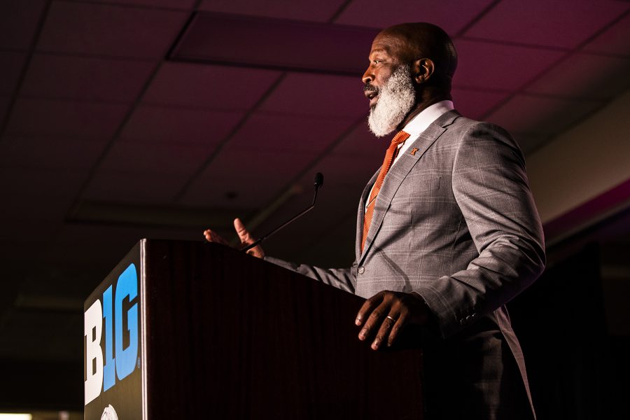 Illinois head coach, Lovie Smith, speaks during the Big Ten Football Media Day in Chicago, Ill., on Thursday, July 18, 2019.