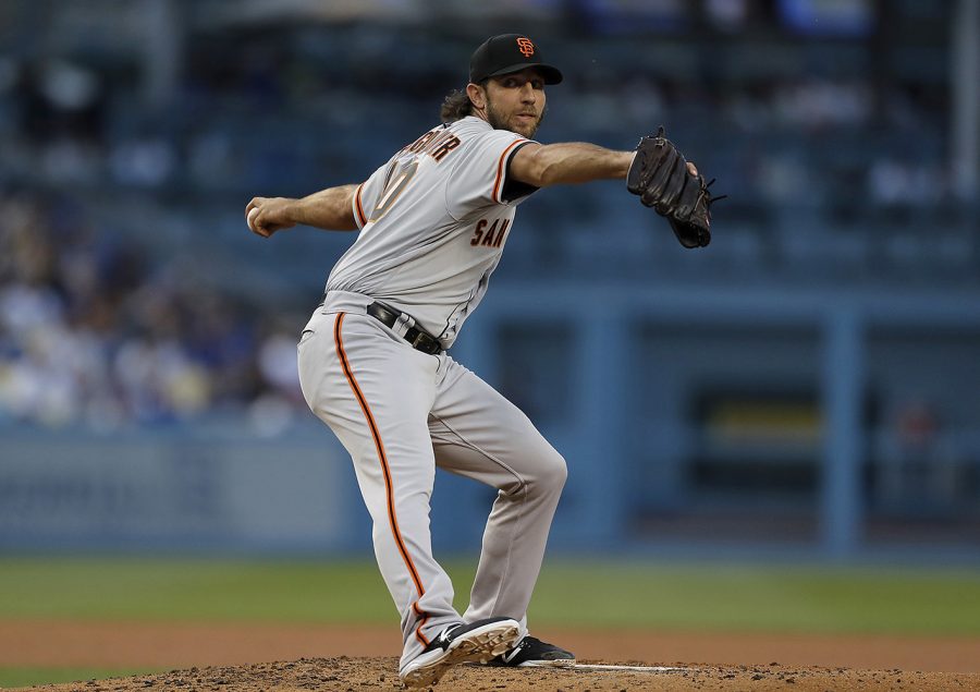 The San Francisco Giants&apos; Madison Bumgarner delivers a pitch against the Los Angeles Dodgers in the second inning on Thursday, June 20, 2019, at Dodger Stadium in Los Angeles. (Luis Sinco/Los Angeles Times/TNS)