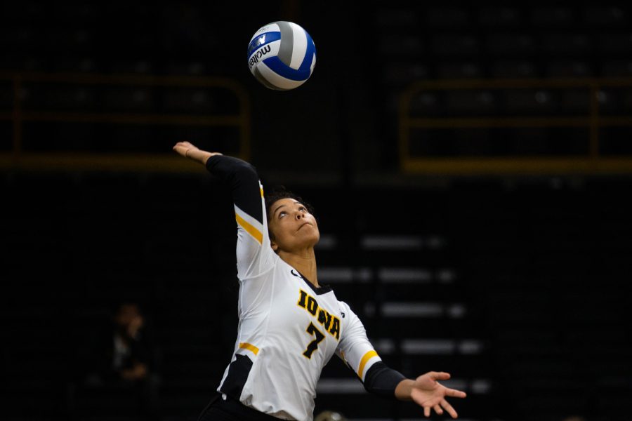 Brie Orr serves the ball during Iowa's match against Eastern Illinois on Sunday, September 9, 2018 at Carver-Hawkeye Arena. The Hawkeyes won the match 3-0.(Megan Nagorzanski/ The Daily Iowan)