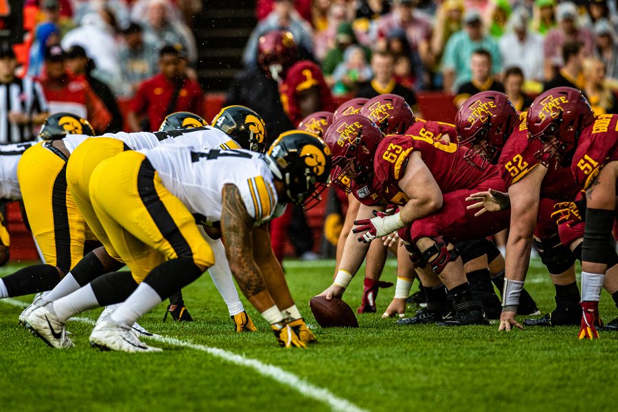Iowa State's offense prepares for a play during a football game between Iowa and Iowa State at Jack Trice Stadium in Ames on Saturday, September 14, 2019. The Hawkeyes retained the Cy-Hawk Trophy for the fifth consecutive year, downing the Cyclones, 18-17. (Shivansh Ahuja/The Daily Iowan)