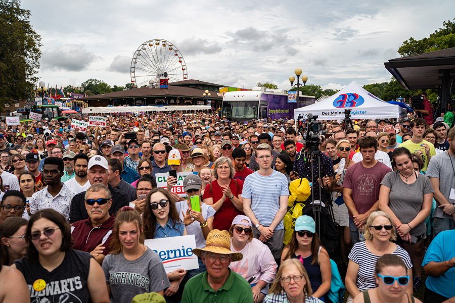A crowd gathers to watch Sen. Bernie Sanders speak during the Iowa State Fair in Des Moines, IA on Sunday, August 11, 2019. 