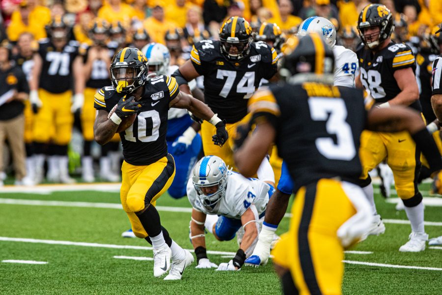 Iowa running back Mekhi Sargent carries the ball during a football game between Iowa and Middle Tennessee State at Kinnick Stadium on Saturday, September 28, 2019. 