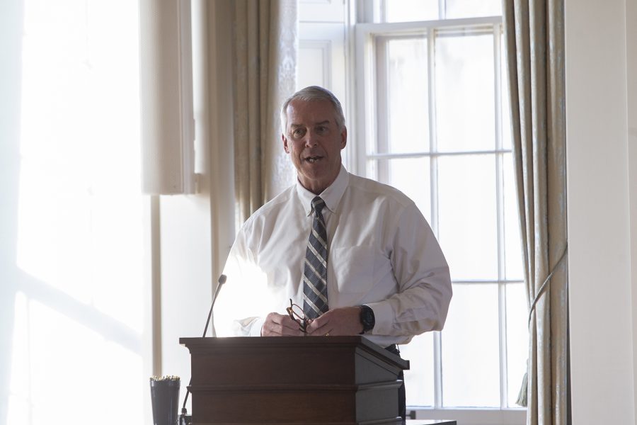 University of Iowa Athletic Director Gary Barta dresses Faculty Senate members during a Faculty Senate meeting on Oct. 29, 2019. 