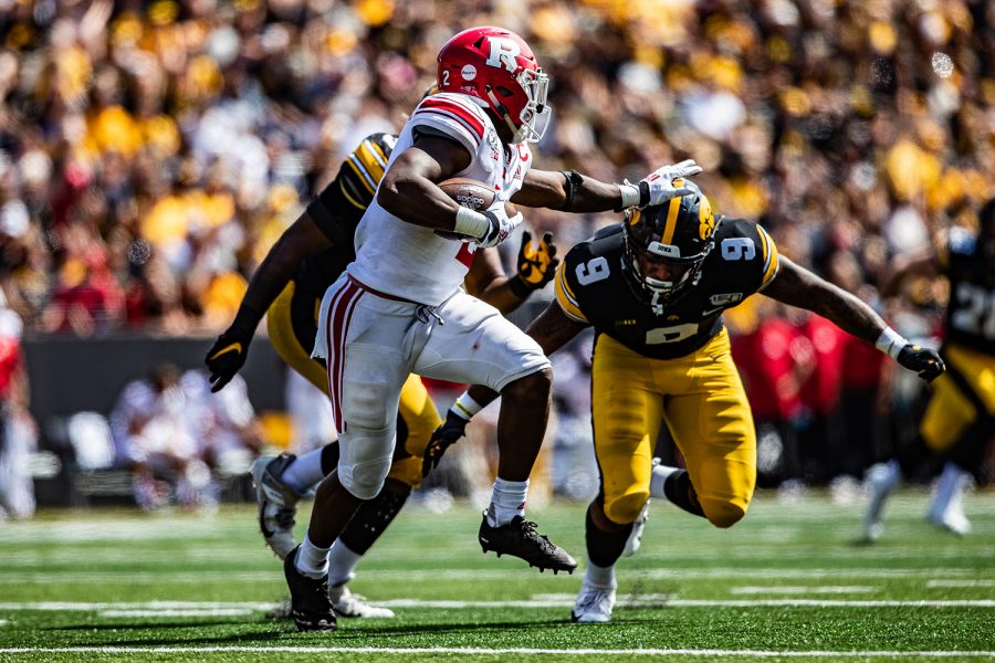 Iowa defensive back Geno Stone goes for a tackle during a football game between Iowa and Rutgers at Kinnick Stadium on Saturday, September 7, 2019. The Hawkeyes defeated the Scarlet Knights, 30-0. 