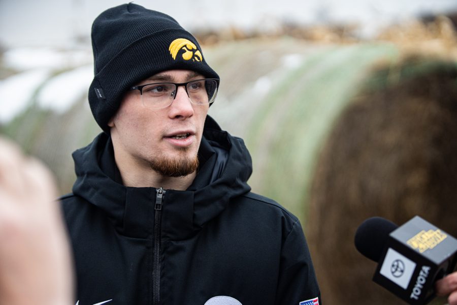 Iowa's Spencer Lee answers questions to the press during Iowa wrestling's media day in Mt. Vernon on Wednesday, October 30, 2019. 