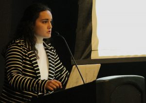 Senator and Internal Affairs Committee Chair Anna Correa talks about the legislation to fellow senators during a UISG meeting Tuesday. The senators voted to override a veto from President Noel Mills. 