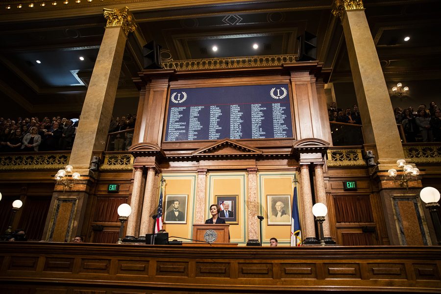 Gov. Kim Reynolds speaks during the Condition of the State address at the Iowa Capitol in Des Moines on Tuesday, Jan. 14, 2020. Reynolds discussed initiatives such as tax cuts, mental-health funding, and workforce training.