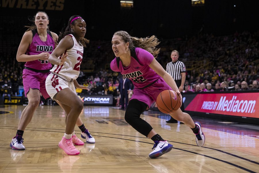 Iowa guard Kathleen Doyle takes the ball to the hoop during a women’s basketball between Iowa and Wisconsin at Carver-Hawkeye Arena on Sunday, Feb. 16, 2020. The Hawkeyes defeated the Badgers 97-71. 
