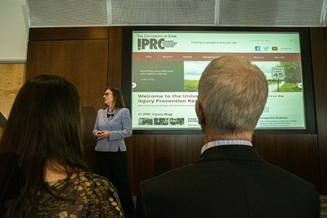 University of Iowa occupational and environmental health professor Corinne Peek-Asa speaks at the 37th Annual Presidential Lecture in the Levitt Center on Sunday. Corinne delivered a lecture on Violence, Syndemics, and the Biology of Trauma.