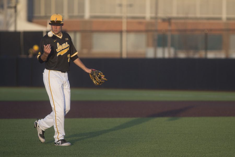 Iowa pitcher Jack Dreyer walks back to the mound during a game at Duane Banks Fields on Wednesday Apr. 25, 2018. 