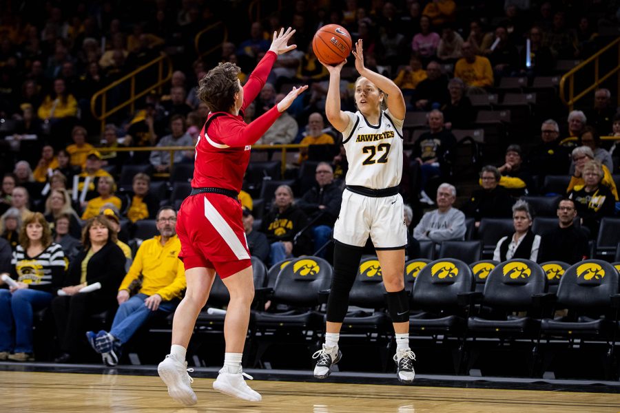 Iowa guard Kathleen Doyle shoots during a women's basketball game between Iowa and Nebraska at Carver Hawkeye Arena on Monday Feb. 6, 2020. The Hawkeyes defeated the Cornhuskers 76-60. 