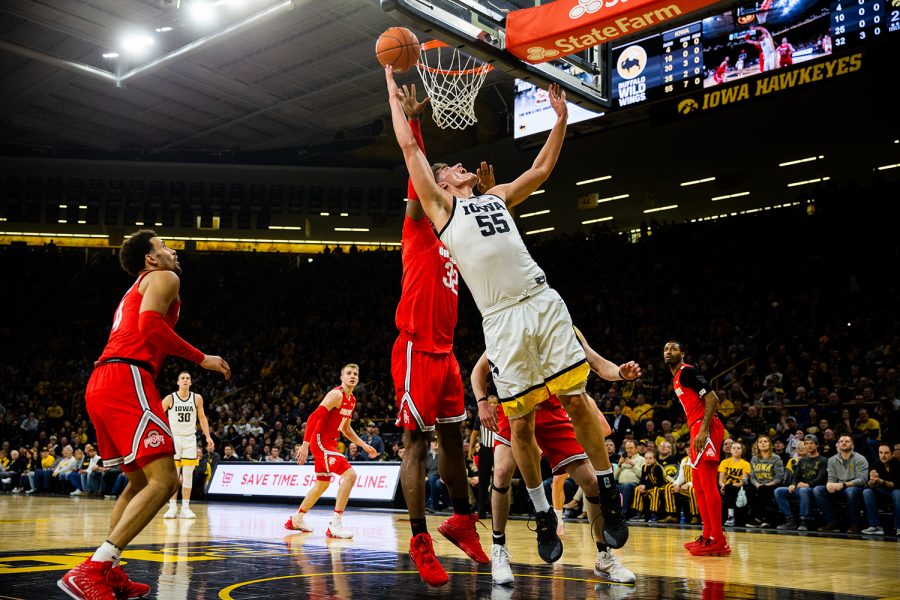 Iowa center Luka Garza shoots a lay-up during the men's basketball game against Ohio State at Carver-Hawkeye Arena on Thursday, February 20, 2020.