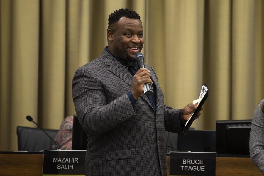 Iowa City Mayor Bruce Teague addresses the crowd at an Iowa City City Council meeting on Tuesday, Feb. 18, 2020. 