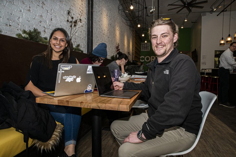 United Nations Association President, Carolina Herrera and Director of Supply Chain and Logistics, Sam Andrus pose for a portrait at Cortado in downtown Iowa City on Tuesday, February 4th, 2020. The United Nations Association at Iowa is a student org dedicated to educating Iowa City and the university on the United Nations and international relations matters.