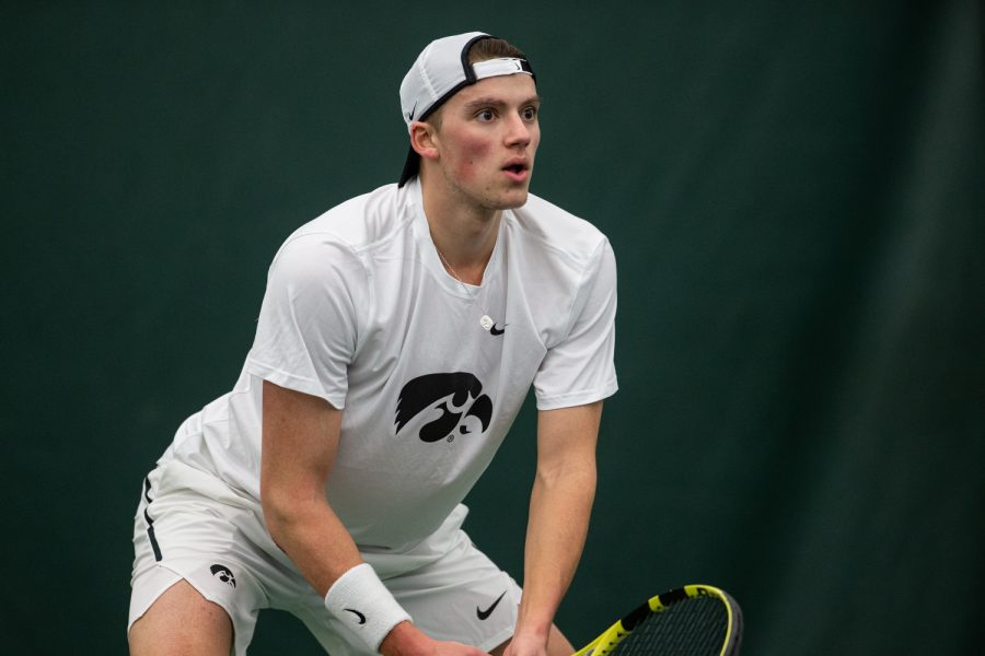 Iowa's Joe Tyler prepares to return the ball during a match against Wichita State University on Sunday, Feb. 16, 2020, at the Hawkeye Tennis and Recreation Complex. The Hawkeyes defeated the Shockers, 4-2. 