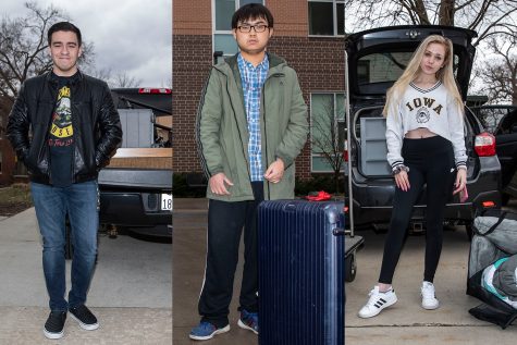 In this triptych, UI sophomore Jake Wayne (left), UI junior Chengwei Yue and UI freshman Katie Eganhouse pose for portraits as they move out of the residence halls over the weekend. The UI announced on March 18 that students would have to move out as classes are moved online for the remainder of the semester due to COVID-19. 