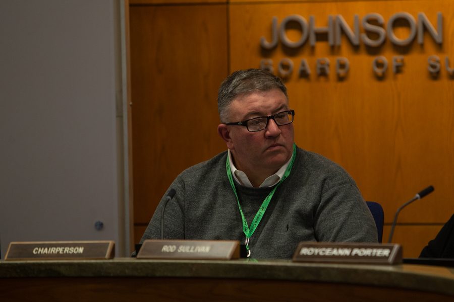 Johnson County Supervisor Chairperson Rod Sullivan listens to a presentation during a meeting on Thursday, Feb. 12, 2020.