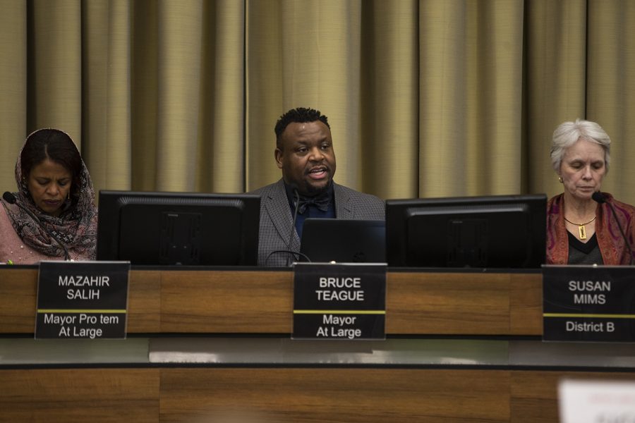 Iowa City Mayor Bruce Teague addresses the crowd at an Iowa City City Council meeting on Tuesday, Feb. 18, 2020.