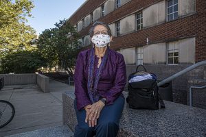 University of Iowa Professor of Linguistics, Mercedes Nino-Murcia poses for a portrait in front of the University Library on Tuesday, October 6th, 2020. 