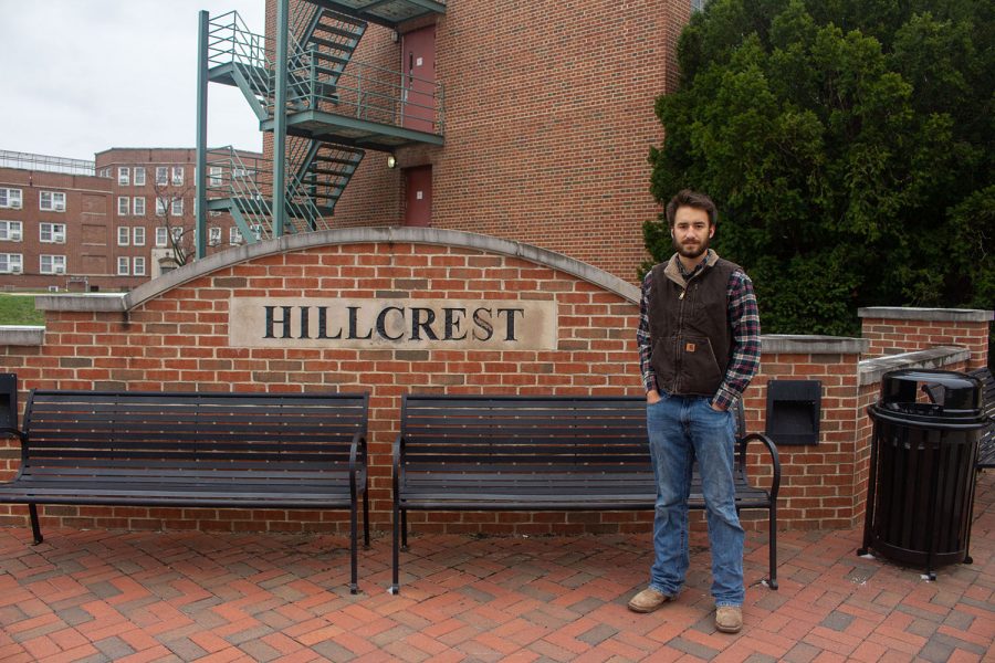 University of Iowa freshman, Ethan Herzberg, poses for a portrait in front of Hillcrest Residence Hall on Oct. 26.