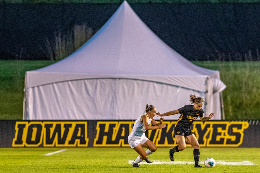 Iowa defender Riley Whitaker navigates the field during a women's soccer match between Iowa and Western Michigan on Thursday, August 22, 2019. The Hawkeyes defeated the Broncos, 2-0.