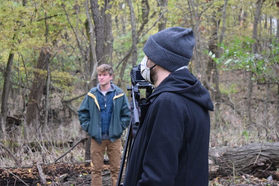 Associate director and media engineer Nick Coso and actor Derek Donnellan record Episode 4 of "Essential Workers: A Portrait.” Photo by Mady Davis