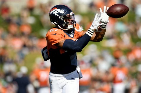 Denver Broncos tight end Noah Fant (87) catches a ball during training camp at UCHealth Training Center on Aug. 11, 2019 in Englewood, Colo. 