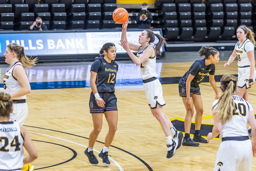 Iowa Guard Caitlin Clark shoots the ball during the Iowa Women’s Basketball game against Northwestern on Jan. 28, 2021 at Carver-Hawkeye Arena. Northwestern defeated Iowa 87-80