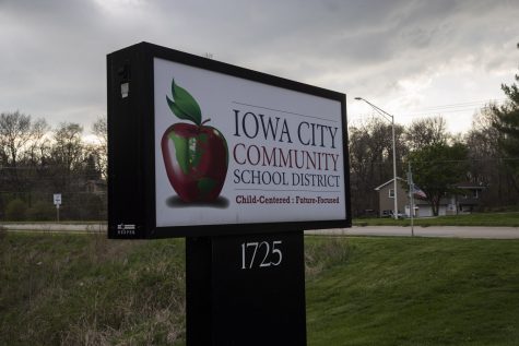 A sign for the Iowa City Community School District is seen outside the district's administration building on Tuesday, April 28. (Jake Maish/The Daily Iowan)