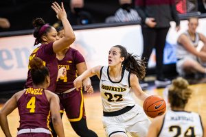 Iowa guard Caitlin Clark drives to the rim during a women's basketball game between Iowa and Minnesota at Carver-Hawkeye Arena on Wednesday, Jan. 6, 2021. The Hawkeyes defeated the Golden Gophers, 92-79.