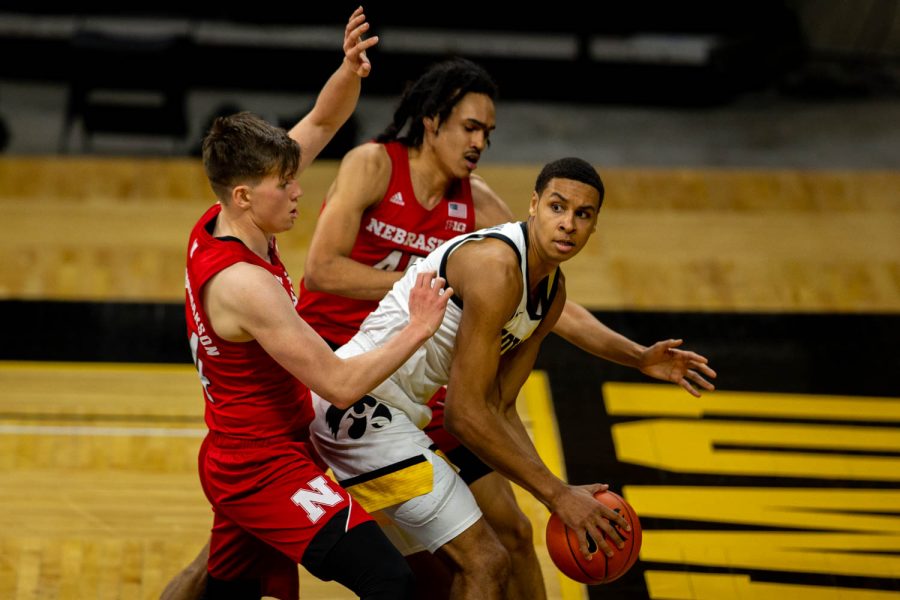 Iowa Forward Keegan Murray (15) holds the ball under the basket during an Iowa men’s basketball game against Nebraska on Thursday, March 4, 2021 at Carver-Hawkeye arena. The Hawks beat the Cornhuskers, 102-64.
