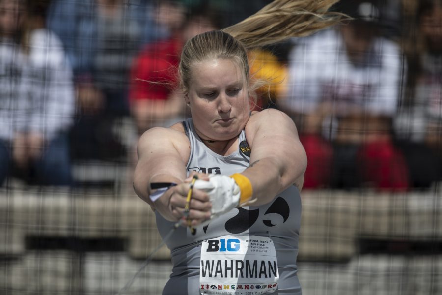 University of Iowa Junior Allison Wahrman throws the hammer during the first day of the Big Ten Track and Field Outdoor Championships at Cretzmeyer Track on Friday, May 10, 2019. Wahrman placed twenty-first in the hammer throw at a distance of 166' 10".
