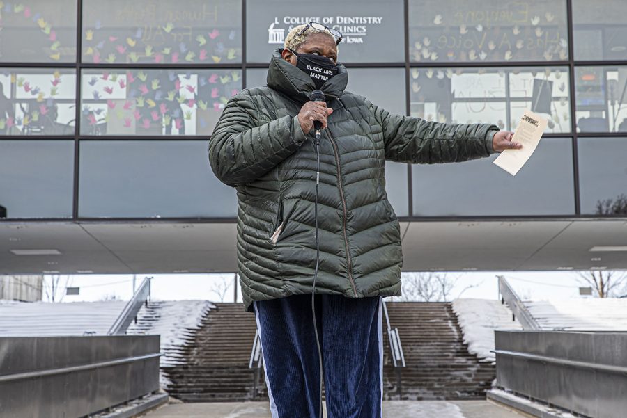 Johnson County Supervisor Royceann Porter speaks at a protest outside The College Dentistry on Friday, January 29th, 2020. University students from the dental college marched to the College of Dentistry to protest unaddressed issues regarding the treatment of minority students. 