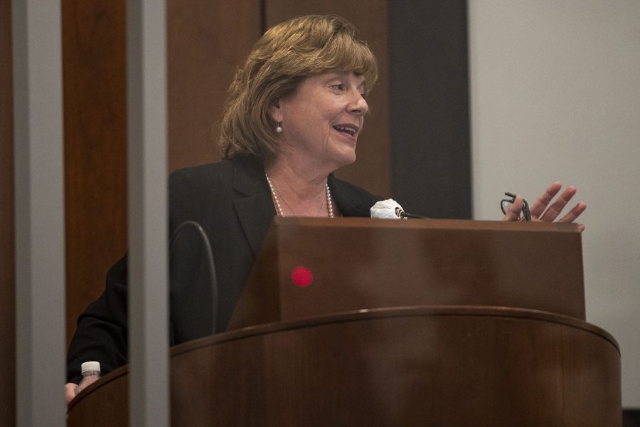 University of Iowa Presidential Candidate Barbara Wilson addresses the audience during the second UI Presidential Forum in the Levitt Center for University Advancement on Monday, April 10, 2021. Wilson is currently the executive vice president and vice president for Academic Affairs for the University of Illinois System. 