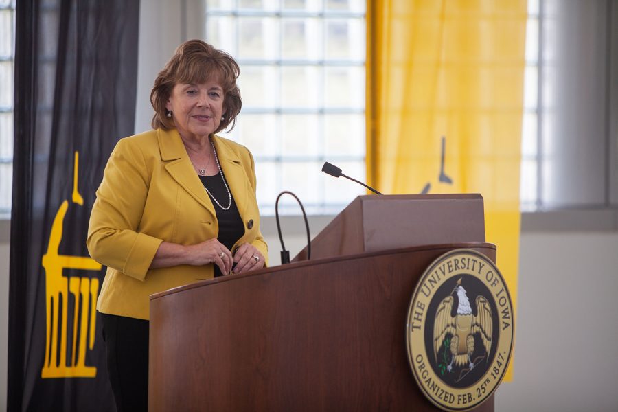 The new University of Iowa President Barbara Wilson addresses reporters in the Levitt Center for University Advancement on April 30, 2021. Wilson becomes the 22nd president for the University of Iowa and was previously the Executive Vice President and Vice President for Academic Affairs for the University of Illinois. (Ayrton Breckenridge/The Daily Iowan)