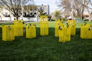 The Swarm on Monday April 26, 2021. The Bee Project located at 3rd St. S.E. in the NewBo district. People make their own bee and attach it to swarm.