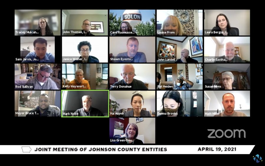 Mark Nolte addresses a Johnson County joint entities meeting to talk about Project Better Together on April 19, 2021. Project Better Together plans to get 80 percent of Johnson County residents vaccinated by the fall. 