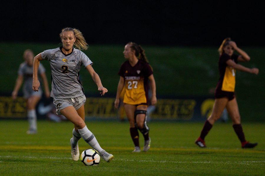 Iowa Midfielder Hailey Rydberg dribbles the ball during Iowa's game against Central Michigan on Friday, Aug. 31, 2018. The Hawkeyes defeated the Chippewas 3-1.