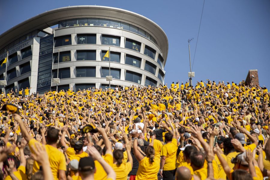 Fans wave to University of Iowa Stead Family Children’s Hospital during a football game between Iowa and Kent State at Kinnick Stadium on Saturday, Sept. 18, 2021. The Hawkeyes defeated the Golden Flashes, 30-7. 