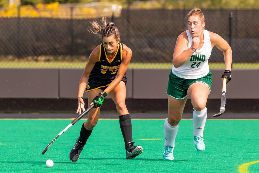 Iowa forward Ciara Smith runs the ball down the field during the Iowa Field Hockey game against Ohio University on Sep. 10, 2021 at Grant Field. Iowa defeated Ohio 8-0. (Casey Stone/The Daily Iowan)