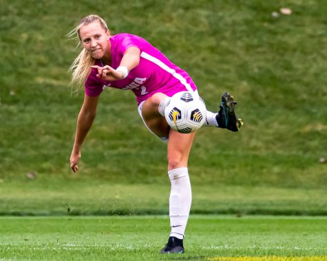 Iowa midfielder Hailey Rydberg passes the ball during a soccer game between Iowa and Michigan State at the Iowa Soccer Complex on Sunday, Oct. 3, 2021. Michigan State defeated Iowa 2-1. 