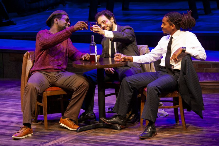 Actors Monté J. Howell, Felipe Barbosa Bombonato, and 	Dakari Harleston perform Our Lady of 121st St. at the dress rehearsal in the University of Iowa Theatre Building on Oct. 5, 2021. Our Lady of 121st St. is a dark comedy play centralized around old friends reuniting.
